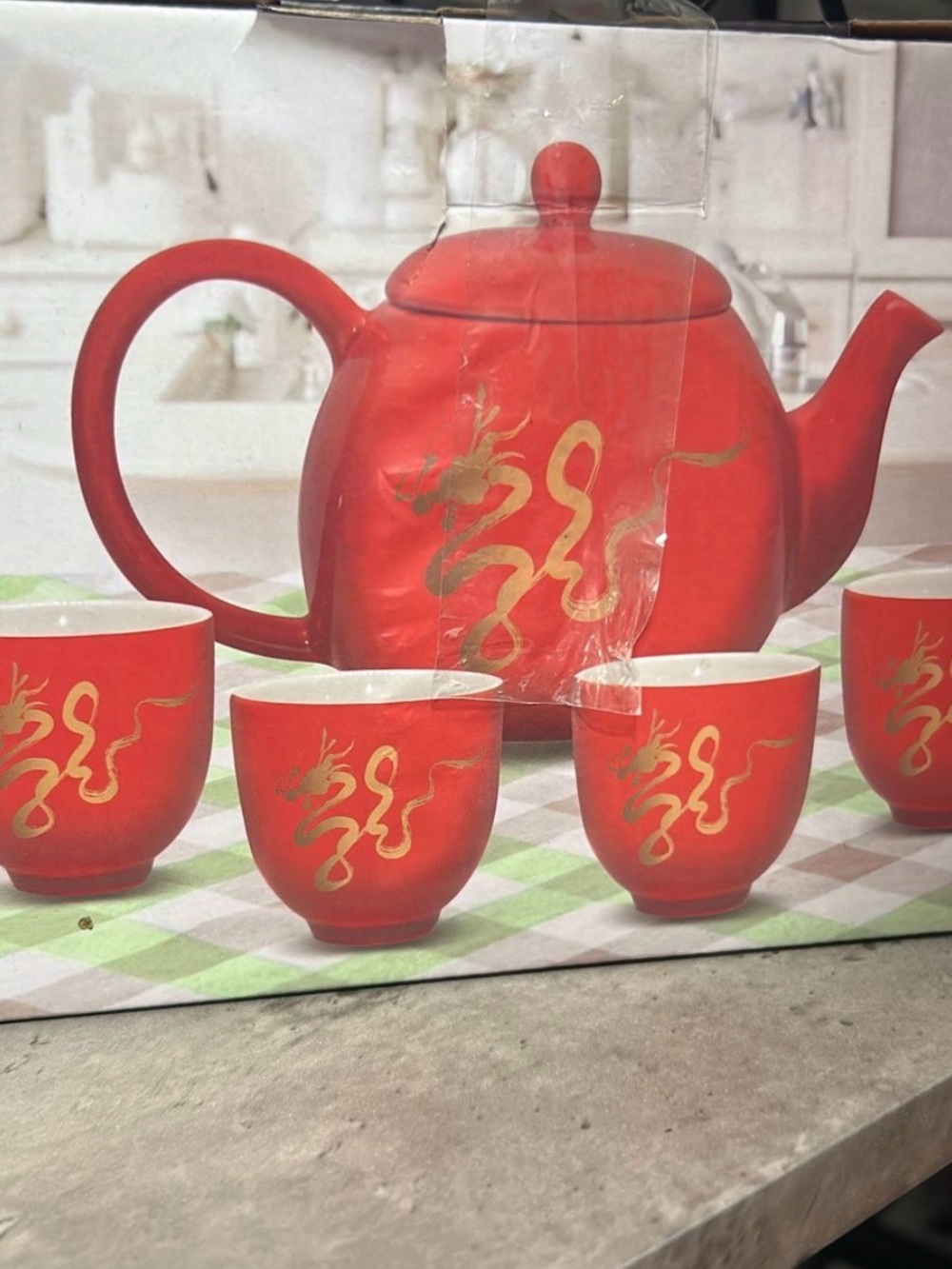 Red Tea Set with Gold Dragon Motif